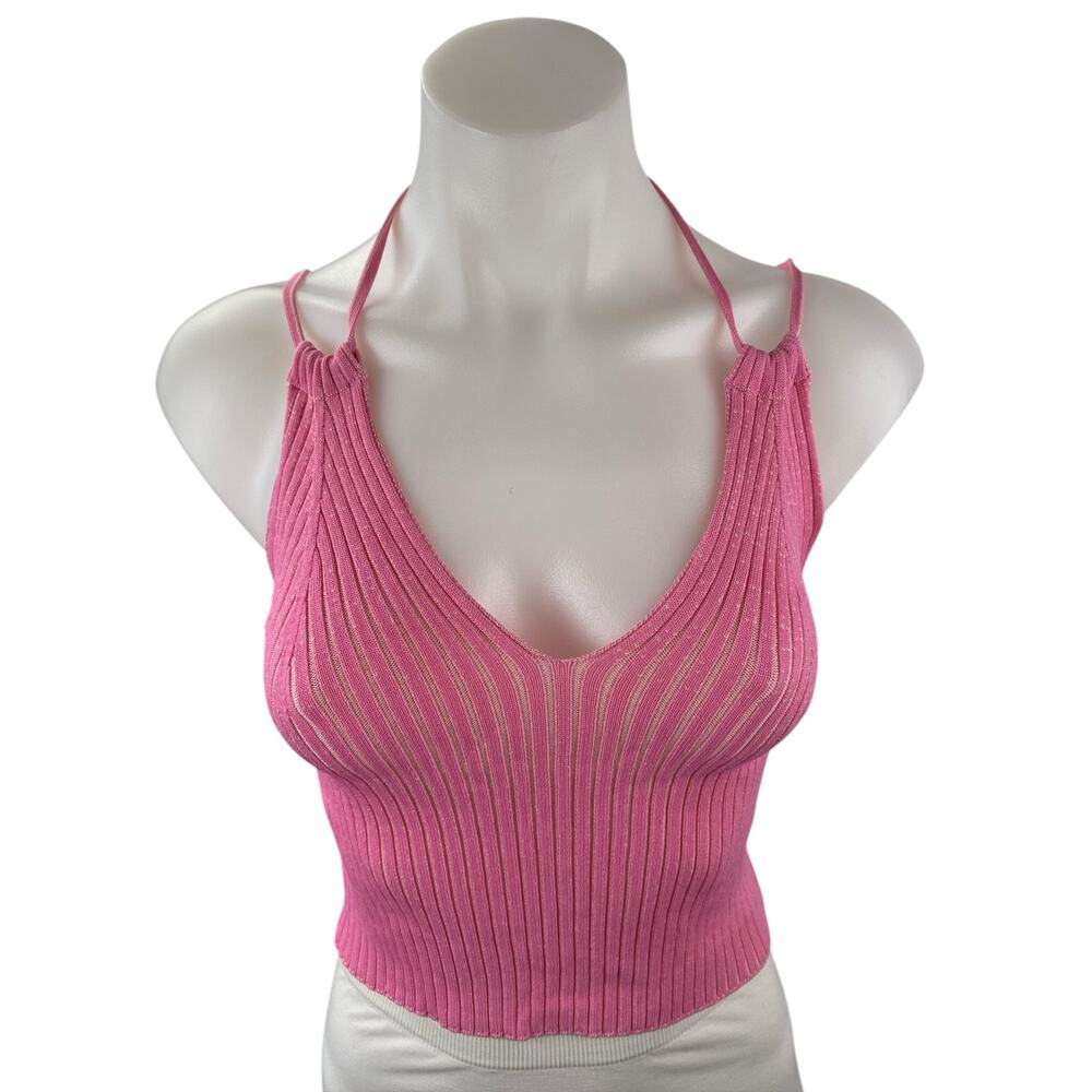 Geel Women's Pink Ribbed Knit Strappy Halter V Neck Cami Tank Crop Top Size M